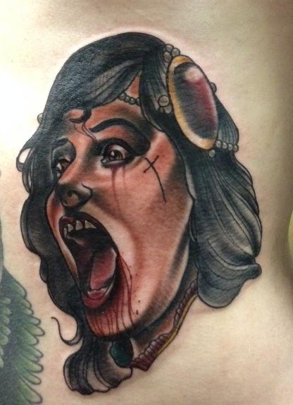 Gary Dunn - traditional screaming girl with blood tattoo, Gary Dunn Art Junkies Tattoo